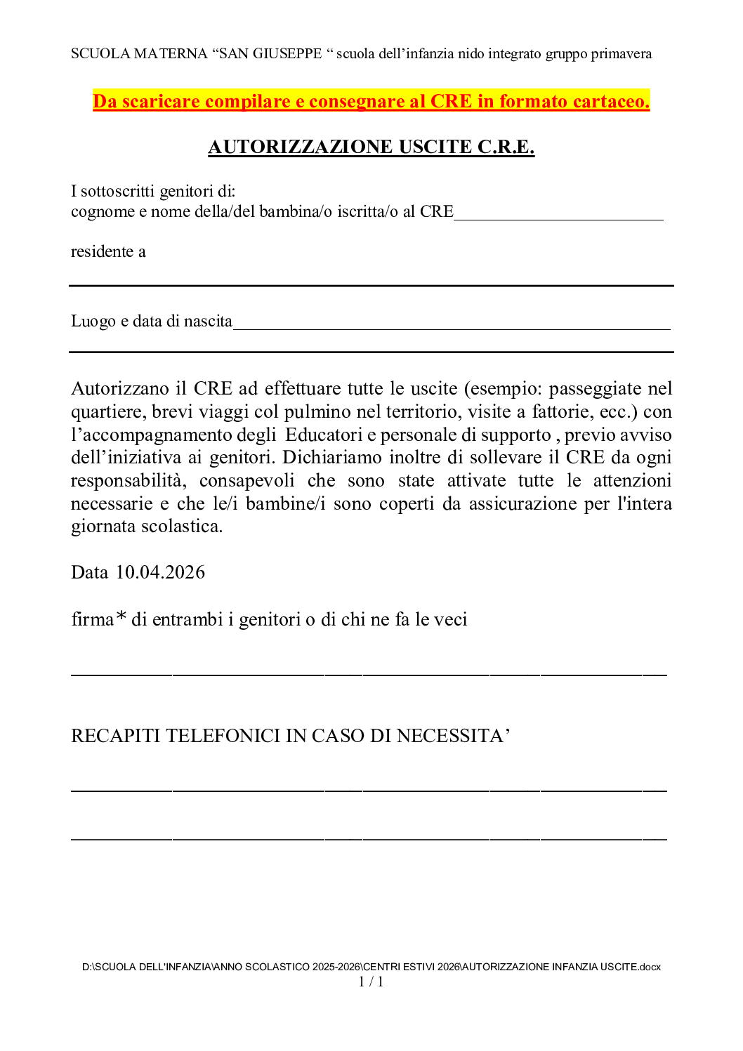 AUTORIZZAZIONE USCITE INFANZIA
