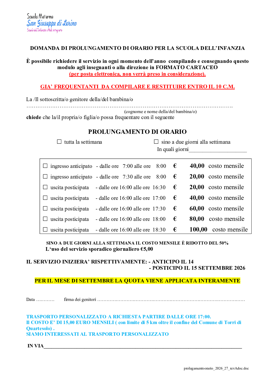 RICHIESTA ANTICIPO E POSTICIPO GIà FREQUENTANTI SCUOLA DELL’INFANZIA 2026-27