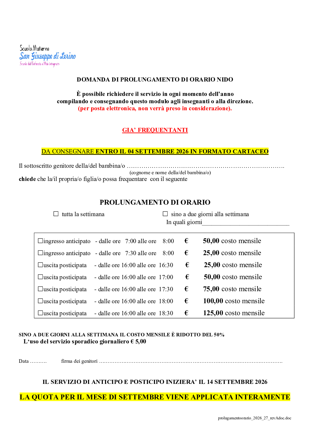 RICHIESTA ANTICIPO-POSTICIPO GIA’ FREQUENTANTI NIDO 2026-27