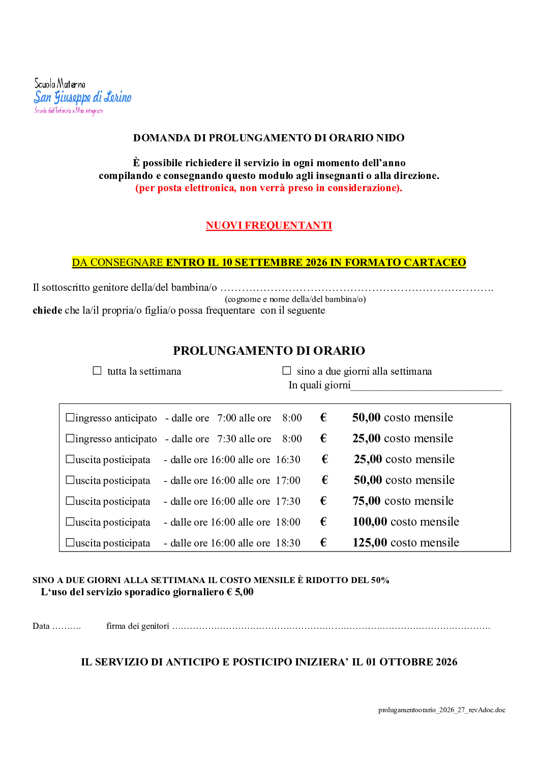 RICHIESTA ANTICIPO-POSTICIPO NUOVI FREQUENTANTI NIDO 2026-27