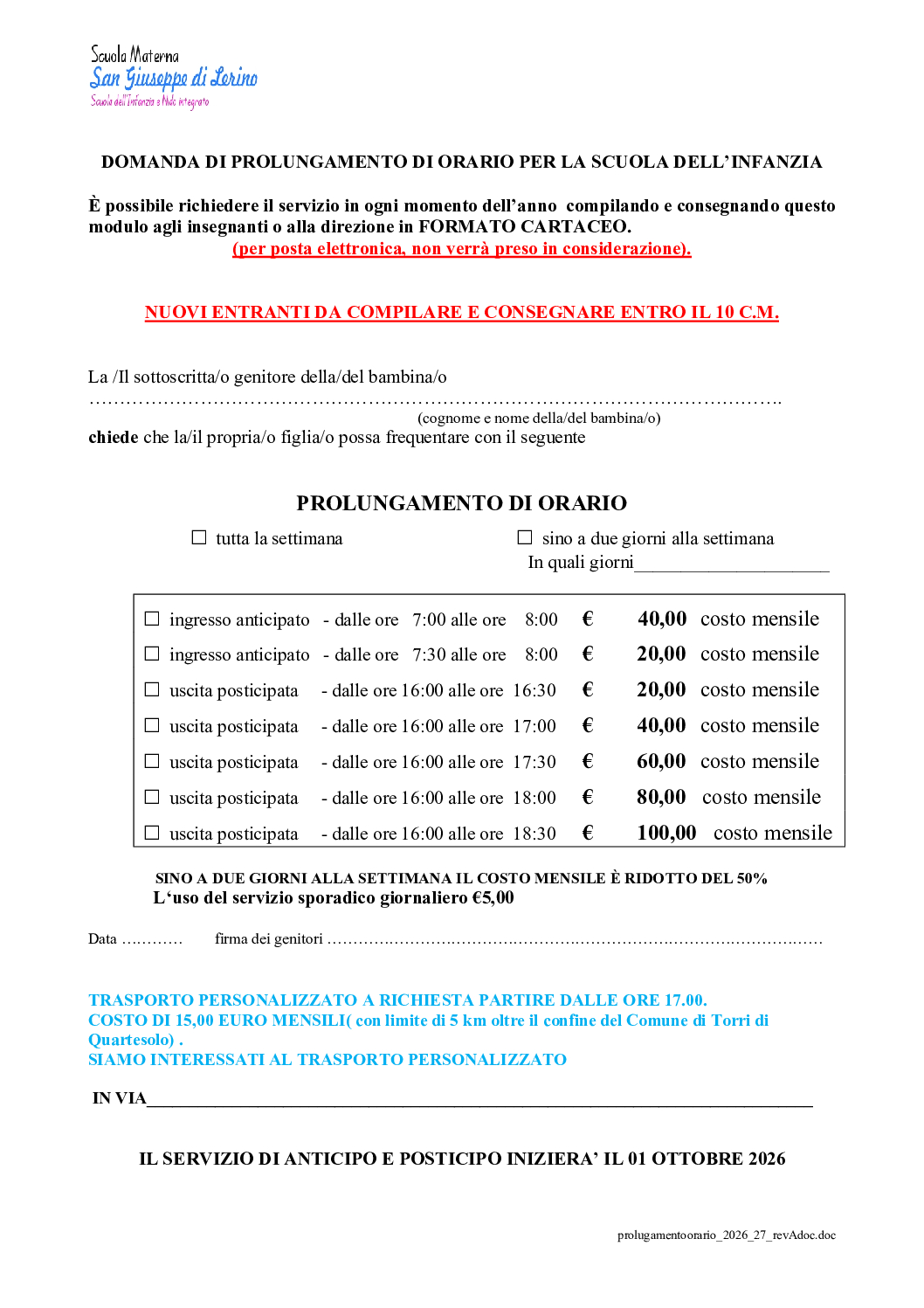 RICHIESTA ANTICIPO-POSTICIPO NUOVI FREQUENTANTIO SCUOLA DELL’INFANZIA 2026-27