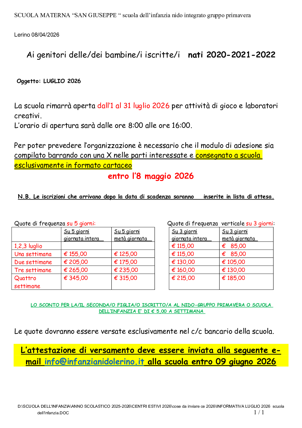 TARIFFE LUGLIO nati 2020-2021-2022