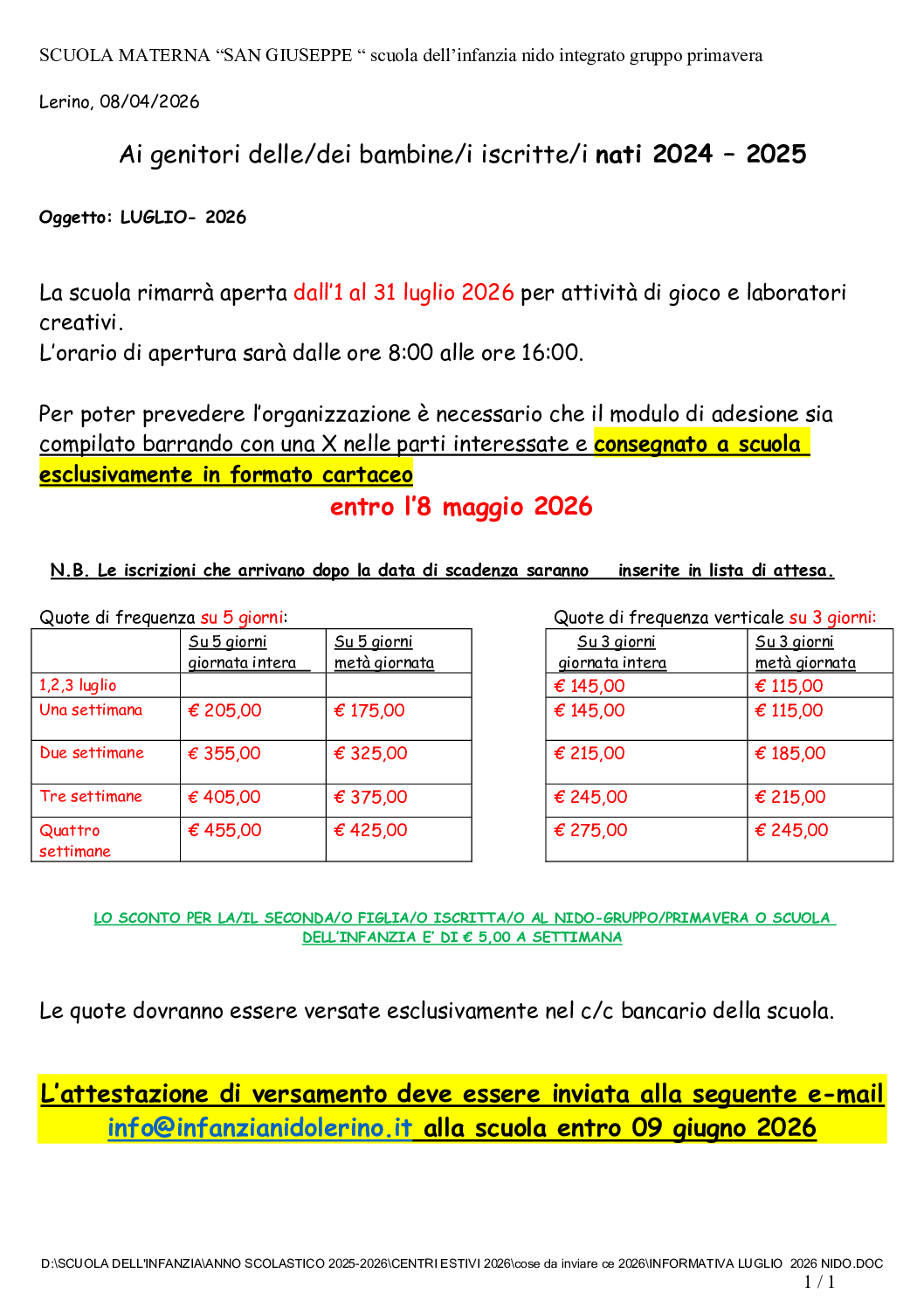 TARIFFE LUGLIO nati 2024-2025